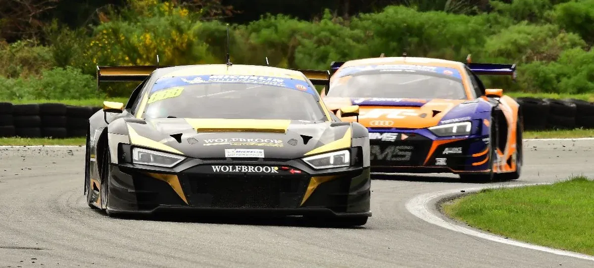 The Steve Brooks/Willie Exton Audi leads the similar car of Sam Fillmore/Jonny Reid during the South Island Endurance Series 3 Hour Race at Teretonga Park in Invercargill on Saturday. Brooks