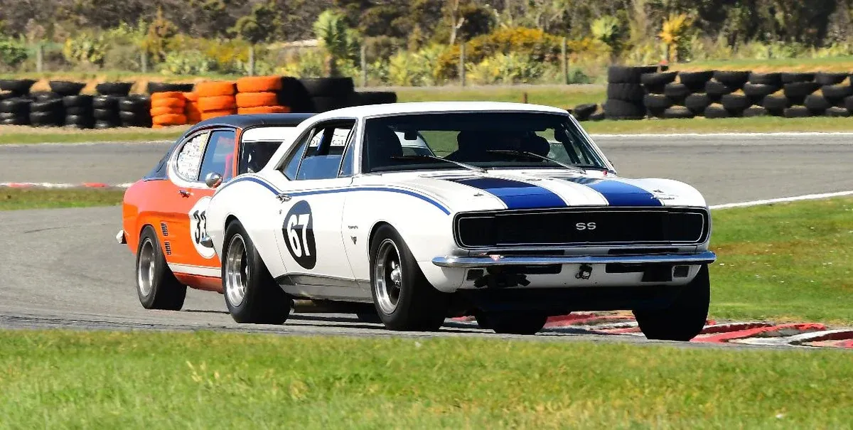Max Perkins of Cromwell in his Chev Camaro, winner of the Skyline Flying Farewell Trophy at the Pre 78 Classic Saloon Queenstown Road Race Revival at Teretonga Park in Invercargill on Sunday
