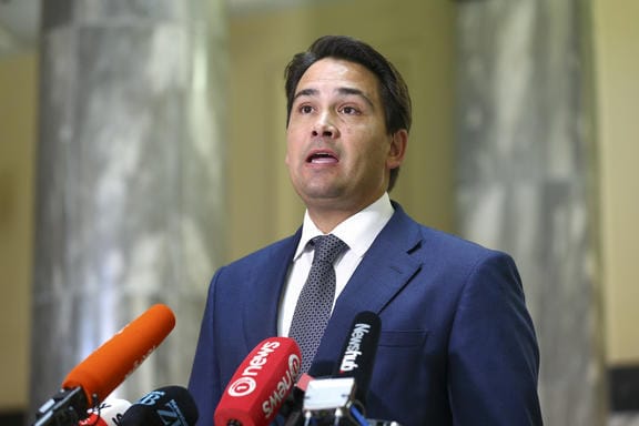 National leader Simon Bridges speaks to media during a press conference at Parliament on 21 April 2020