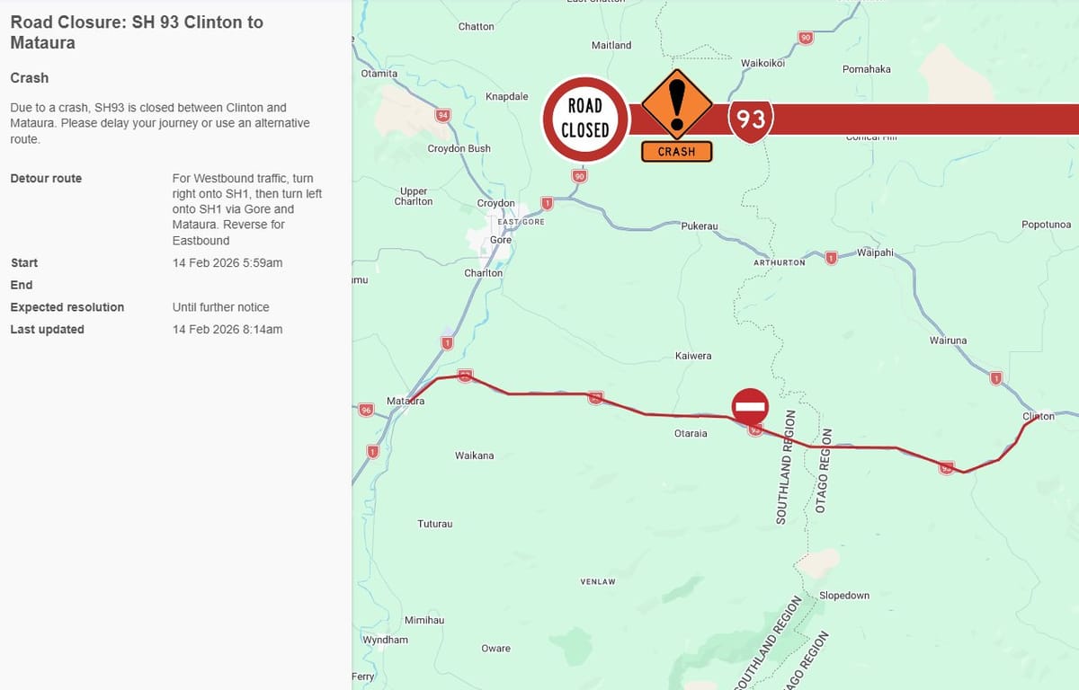 ROAD CLOSURE: SH93 Clinton to Mataura