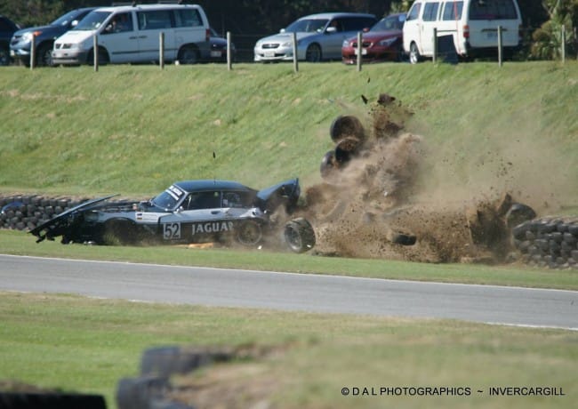Action Pics As A Jaguar XKS Crashes At Teretonga