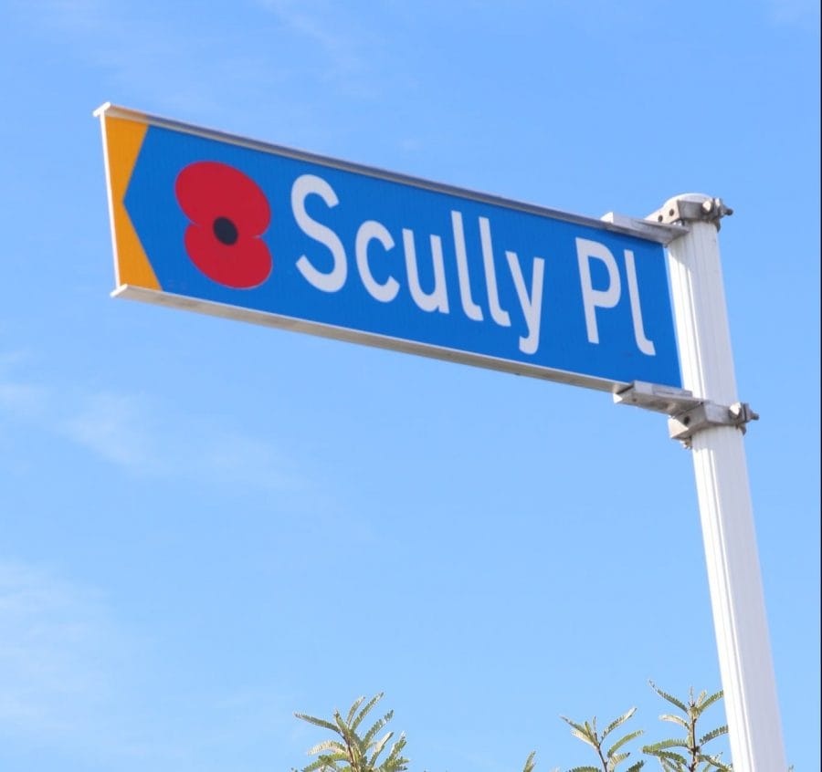 Peter Scully Remembered with Poppy Places Sign in South Invercargill