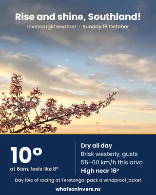 Spring sunrise with blossom: Invercargill weather for Sunday 18 October