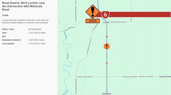 Crash Closes Section Of SH6 Near Lochiel