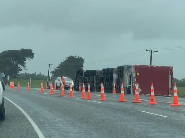 Truck Rolled On Bluff Highway, Road Closed, Blyth St to Motu Rimu Rd